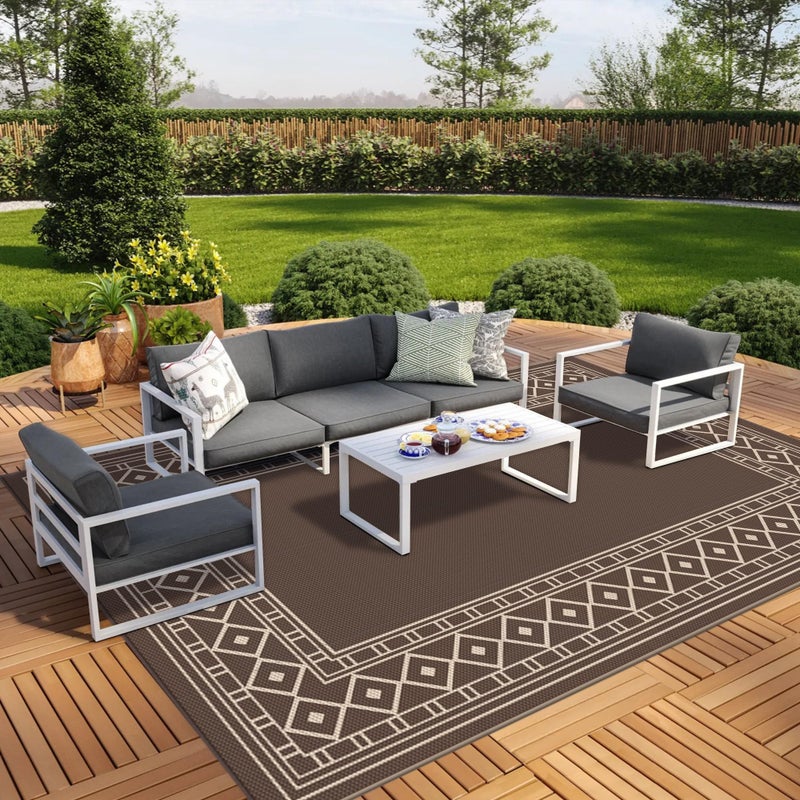 GENIMO Outdoor Rug Waterproof for Patio 10x14 Foldable Reversible Plastic Straw Carpet for Travel Trailers Outside Area Mat for Rv Deck Picnic Porch Camper Balcony Beach Coffee Beige