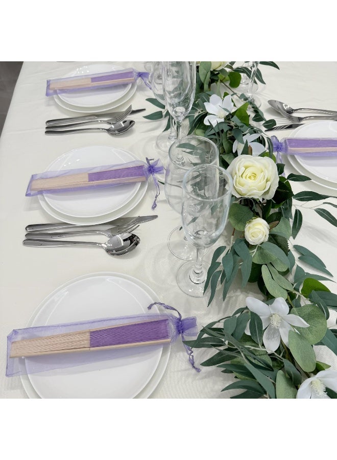 SL crafts 24pcs Imitated Silk Hand Fan Imitated Silk Fabric Bamboo Handheld Folded Fan Bridal Dancing Props Church Wedding Party Favors with Organza Bags (Light Purple) - Image 3