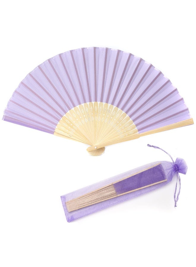 SL crafts 24pcs Imitated Silk Hand Fan Imitated Silk Fabric Bamboo Handheld Folded Fan Bridal Dancing Props Church Wedding Party Favors with Organza Bags (Light Purple) - Image 1