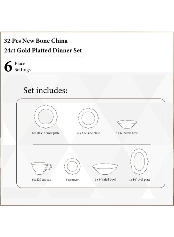 Shallow 32-Piece Dinner Set - White with Gold Border for Dining - Image 3