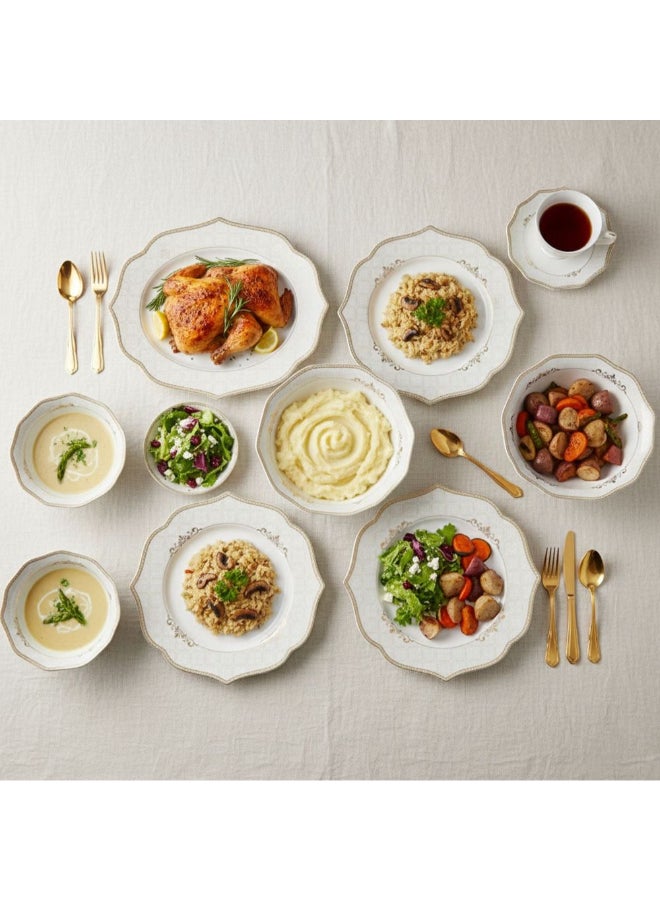 Shallow 32-Piece Dinner Set - White with Gold Border for Dining - Image 2