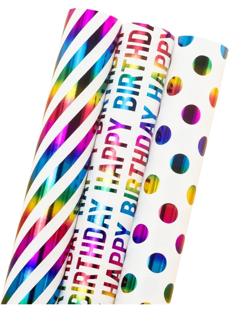 3Pcs Birthday Wrapping Paper Roll, 19.7 x 27.56 Inch Per Roll, Multicolor Foil with Stripes, Dots and Happy Birthday Lettering Gift Wrapping Paper, for Holiday, Birthday, Wedding - Image 1