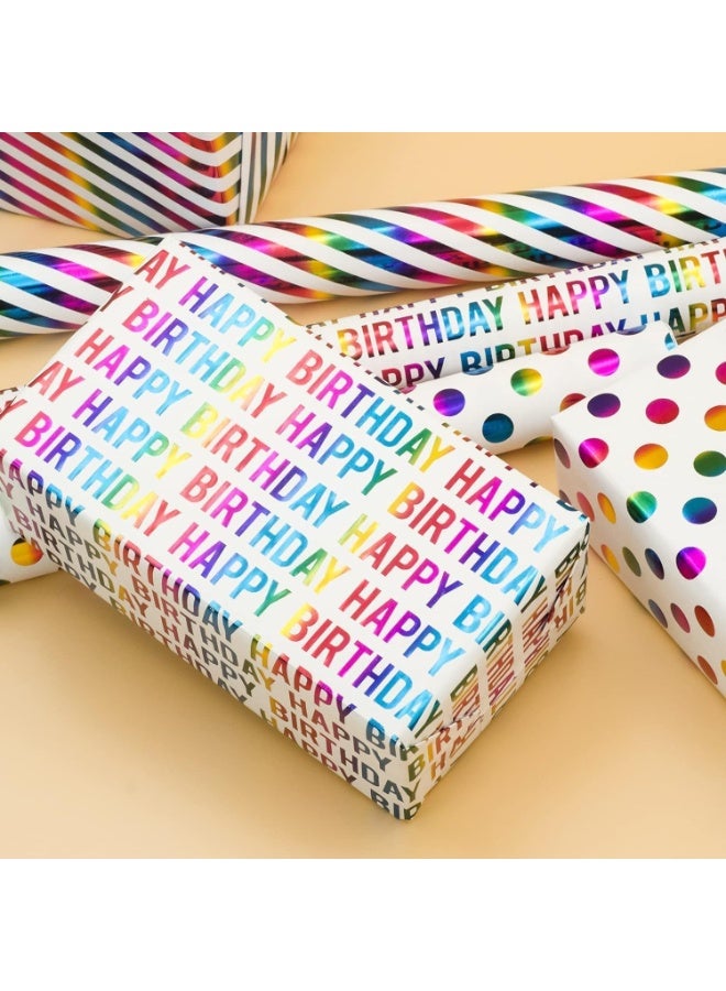 3Pcs Birthday Wrapping Paper Roll, 19.7 x 27.56 Inch Per Roll, Multicolor Foil with Stripes, Dots and Happy Birthday Lettering Gift Wrapping Paper, for Holiday, Birthday, Wedding - Image 5