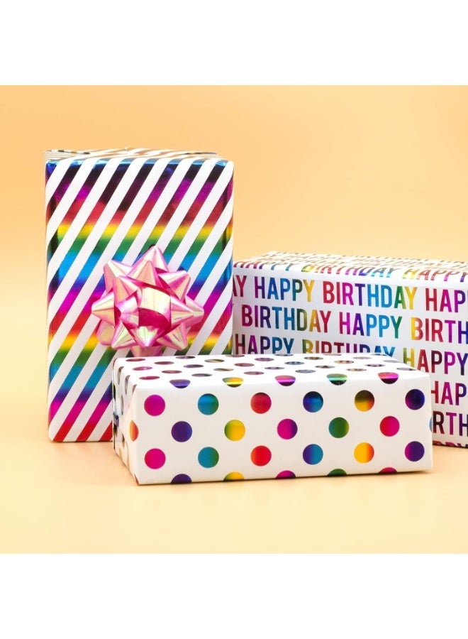 3Pcs Birthday Wrapping Paper Roll, 19.7 x 27.56 Inch Per Roll, Multicolor Foil with Stripes, Dots and Happy Birthday Lettering Gift Wrapping Paper, for Holiday, Birthday, Wedding - Image 4
