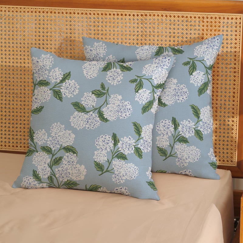 DAFENA Light Blue Pillow Covers 18x18 Inch 2 Pcs Blue Green Hydrangea Flower Decor Throw Pillows Vintage Floral Seasonal Spring Summer Outdoor Decoration Pillowcase Linen Cushion Cover for Couch Sofa - Image 2
