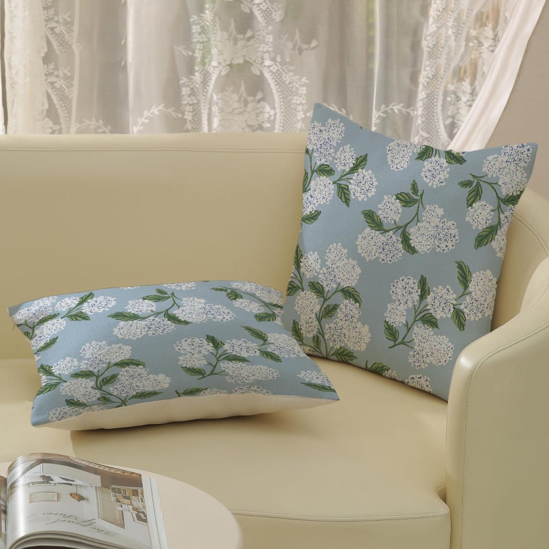 DAFENA Light Blue Pillow Covers 18x18 Inch 2 Pcs Blue Green Hydrangea Flower Decor Throw Pillows Vintage Floral Seasonal Spring Summer Outdoor Decoration Pillowcase Linen Cushion Cover for Couch Sofa - Image 4