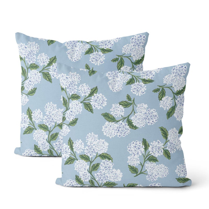 DAFENA Light Blue Pillow Covers 18x18 Inch 2 Pcs Blue Green Hydrangea Flower Decor Throw Pillows Vintage Floral Seasonal Spring Summer Outdoor Decoration Pillowcase Linen Cushion Cover for Couch Sofa - Image 1