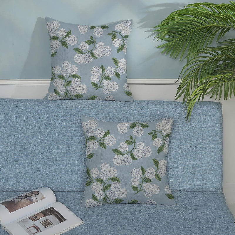 DAFENA Light Blue Pillow Covers 18x18 Inch 2 Pcs Blue Green Hydrangea Flower Decor Throw Pillows Vintage Floral Seasonal Spring Summer Outdoor Decoration Pillowcase Linen Cushion Cover for Couch Sofa - Image 3