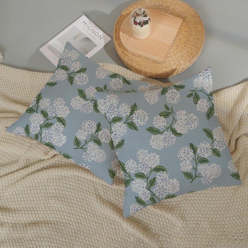 DAFENA Light Blue Pillow Covers 18x18 Inch 2 Pcs Blue Green Hydrangea Flower Decor Throw Pillows Vintage Floral Seasonal Spring Summer Outdoor Decoration Pillowcase Linen Cushion Cover for Couch Sofa - Image 5