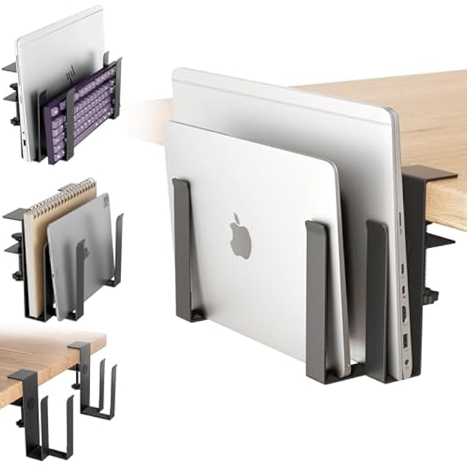 rayihni ADJUSTABLE DUAL LAPTOP STAND WITH DESK CLAMP - NO DRILLING - STAINLESS STEEL STORAGE ORGANIZER FOR LAPTOPS, TABLETS, KEYBOARDS - Image 1