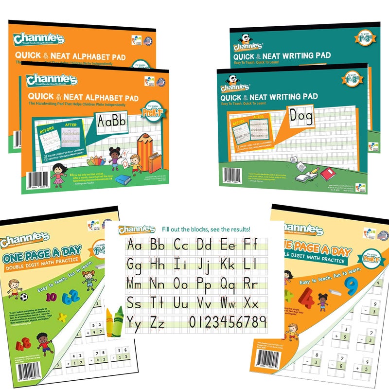 Channies Workbook Set for PreKindergarten 3rd Grade Elementary School Students 4 Handwriting Pads 2 Math Practice Workbooks 6 Pack