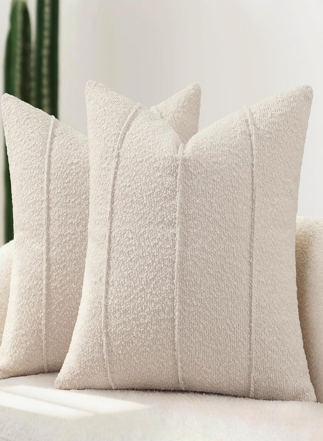YCOLL Textured Boucle Throw Pillow Covers 20x20 Pack of 2 - Soft Neutral Striped Cushion Covers, Cozy Accent Decorative Pillow Covers for Couch, Sofa, Bed, Living Room (Beige) - Image 1
