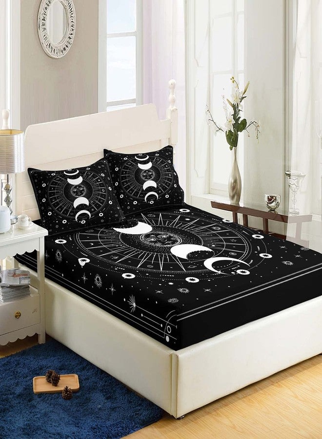 AILONEN Sun and Moon Fitted Sheet, Bohemian Sun Moon Bed Sheets Twin Size,Galaxy Astrology Sheet Set for Kids Girls Boys,Bedding Decor Set,1 Fitted Sheet and 2 Pillow Case,3 Piece - Image 1