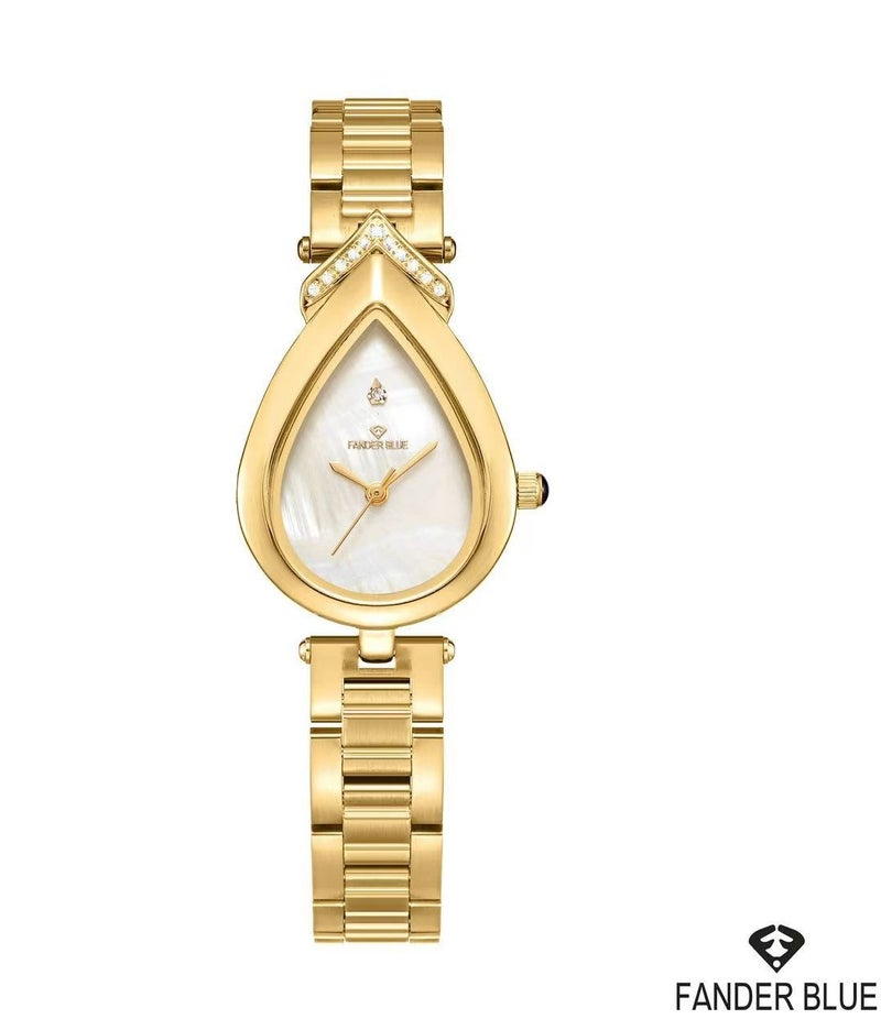 Elegant women's analog wristwatch with hands, quartz movement, stainless steel, and water resistance.