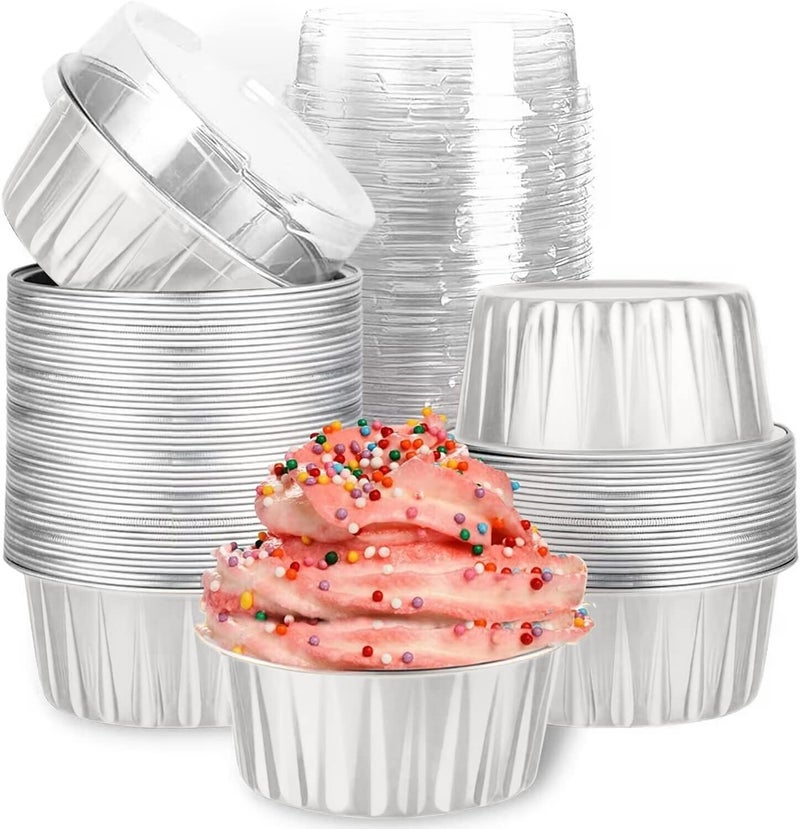 Findful Mini Aluminum Foil Cupcake Baking Cups with Lids (40pcs, 5oz) Round Cupcake Foil Liners Tart Pie Tin Pan Holder - Disposable Mini Cake Containers Flan Molds for Pudding, Souffle, Party, Wedding - Image 1