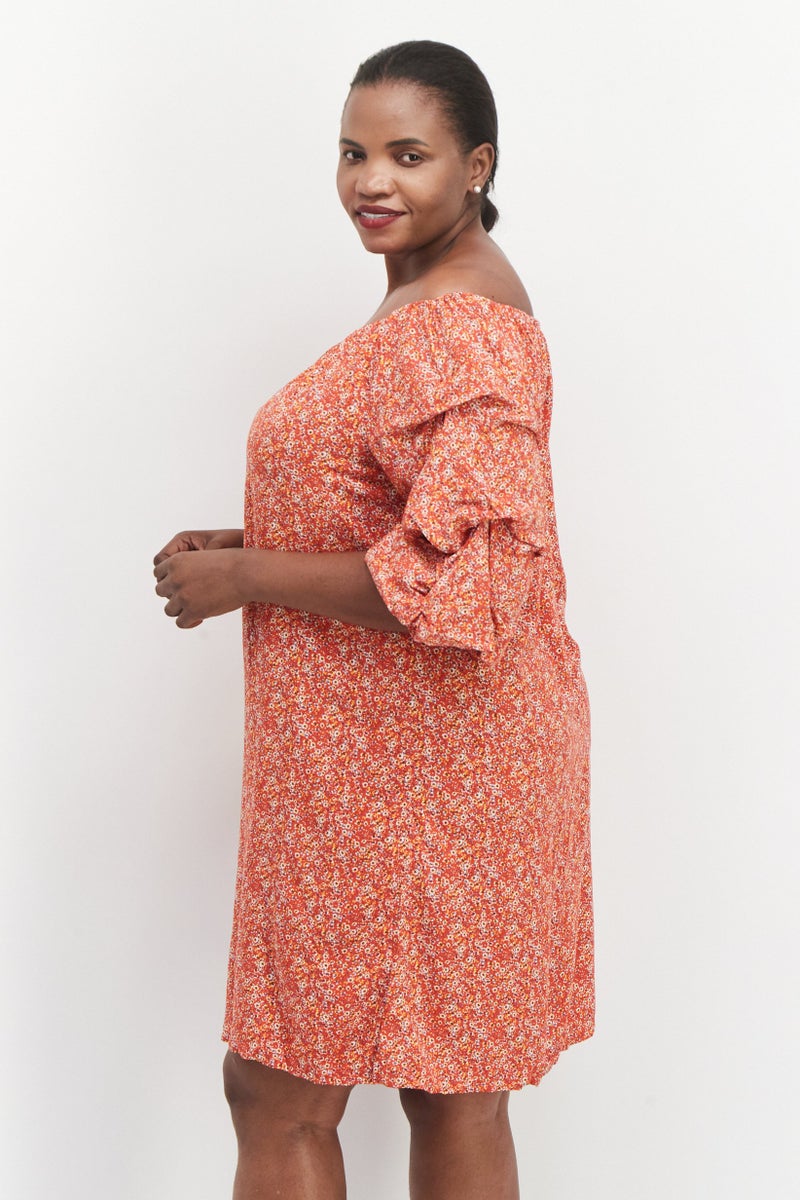 VINCE CAMUTO Women Plus Size Boat Neck Long Sleeve Midi Dress, Orange - Image 3