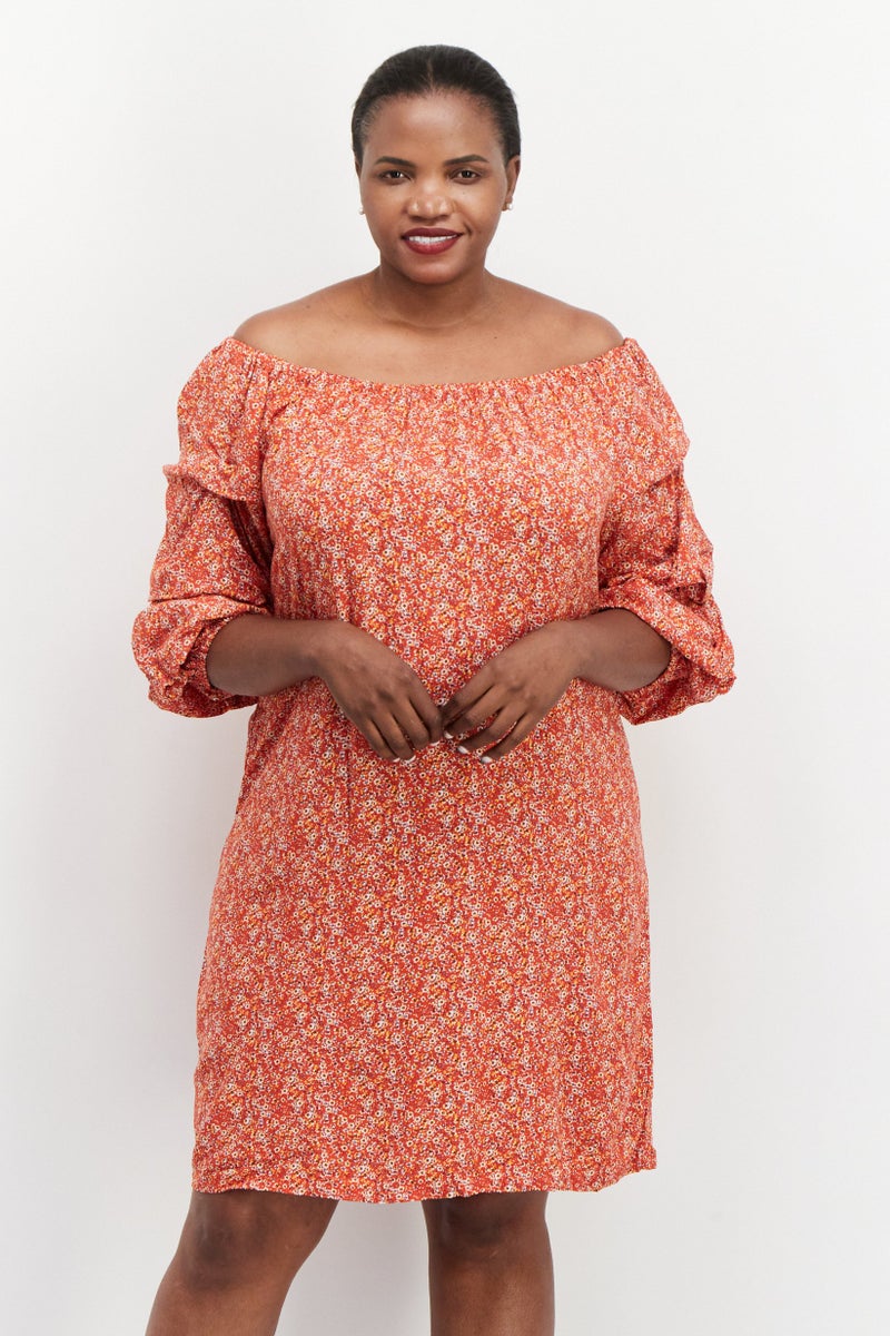VINCE CAMUTO Women Plus Size Boat Neck Long Sleeve Midi Dress, Orange - Image 1
