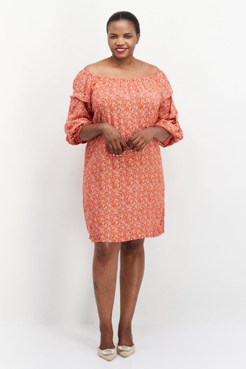 VINCE CAMUTO Women Plus Size Boat Neck Long Sleeve Midi Dress, Orange - Image 4
