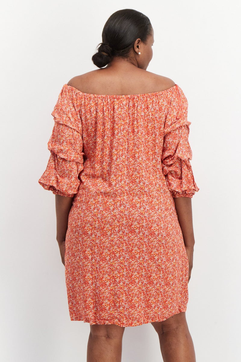 VINCE CAMUTO Women Plus Size Boat Neck Long Sleeve Midi Dress, Orange - Image 2