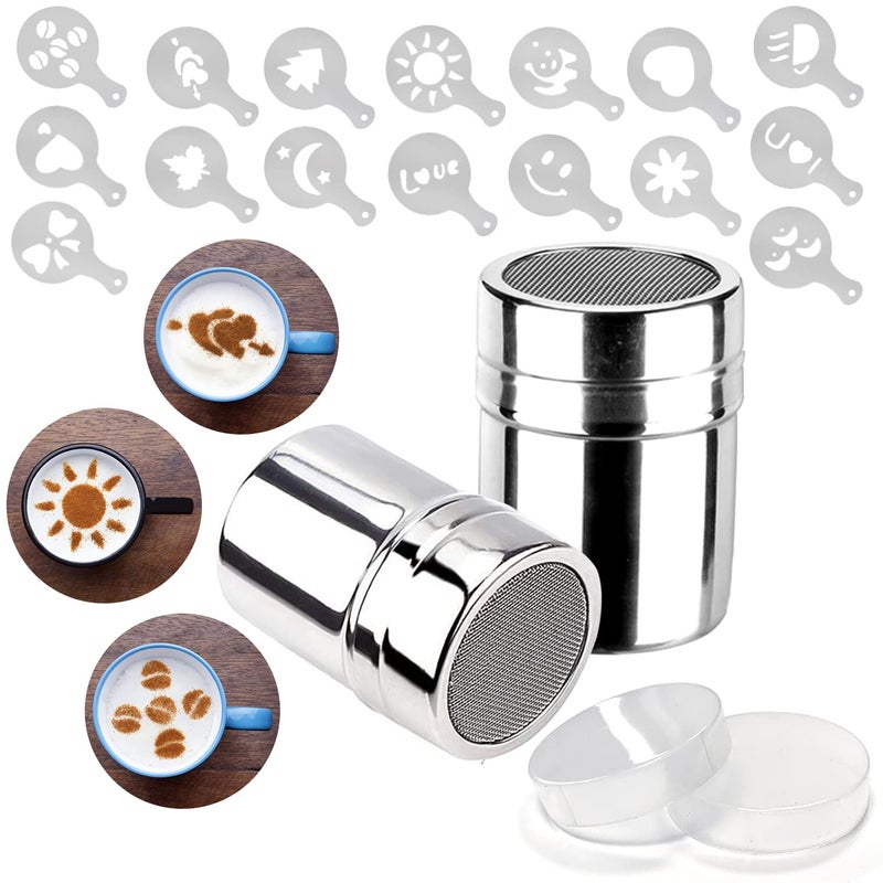 Mauts-inus 2 Pack Chocolate Shaker Powdered Sugar Shaker Duster 16 Coffee templates Set for Cream,Powdered Sugar,Cocoa,Cappuccino,for Kitchen,Drinks,Baking (18) - Image 1