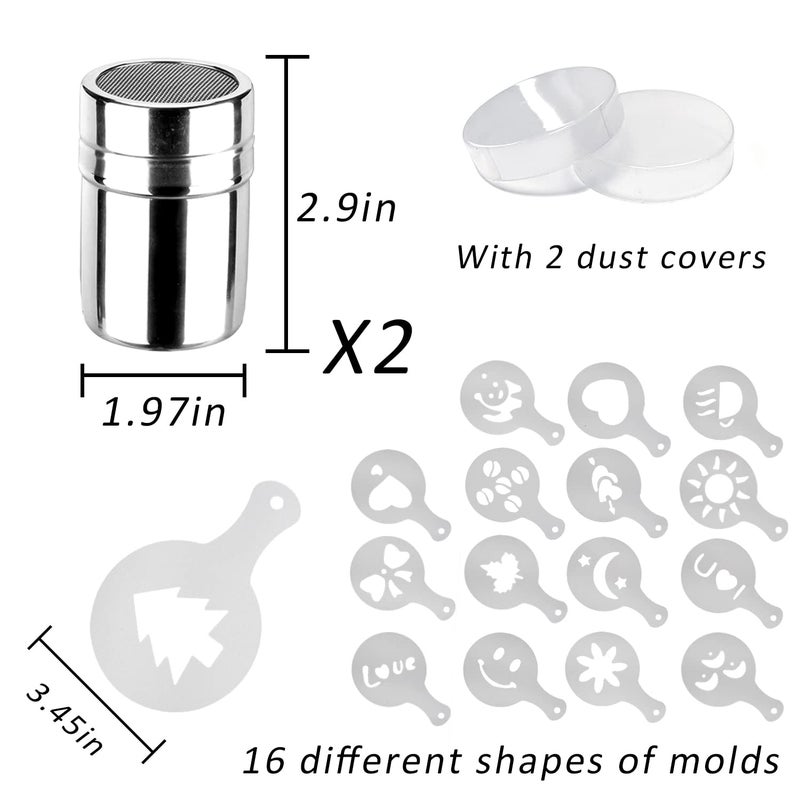 Mauts-inus 2 Pack Chocolate Shaker Powdered Sugar Shaker Duster 16 Coffee templates Set for Cream,Powdered Sugar,Cocoa,Cappuccino,for Kitchen,Drinks,Baking (18) - Image 2