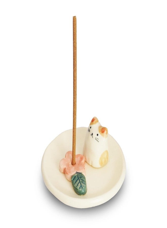 COTONOHA Charming Animal Series Ceramic Incense Holder, Japanese Pottery, Perfect for Relaxation and Concentration, Made in Japan (Small Flower Cat) - Image 1
