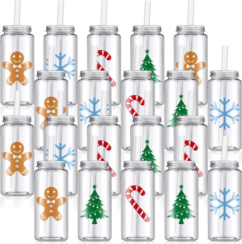 Layhit 20 Pcs Christmas Reusable Cups Bulk 135 oz Plastic Mason Jar Drinking Holiday Cups with Lid and Straw Coffee Tea Hot Cocoa Beverage Tumbler for Adults Xmas PartyChristmas A - Image 1