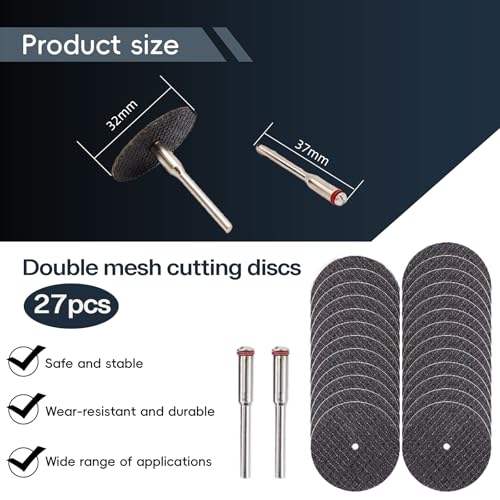 Oligitdi 27 Pcs Cutting Wheel Set for Rotary Tool Double Mesh Cutting Discs Set, 32mm, 27 Pieces with 2 Mandrels, Wear-Resistant for Multi-Purpose Use - Image 2