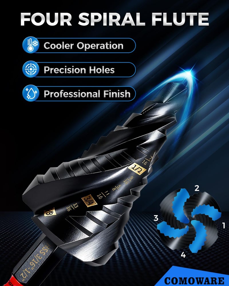 COMOWARE Step Drill Bit Set, 1/8"~1-3/8" 5PCS Four Spiral Flute Step Drill Bits for Metal, AlTIN Coated Step Bit with 1/4" Hex Shank for Metal, Stainless Steel, Aluminum, Wood, Plastic - Image 2