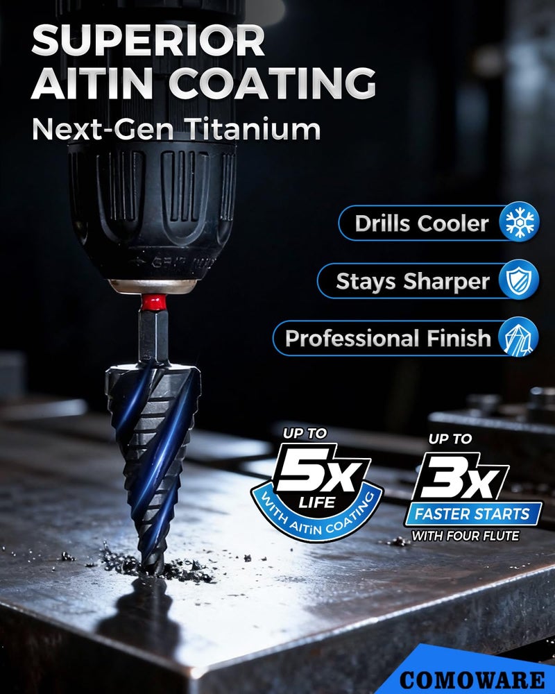 COMOWARE Step Drill Bit Set, 1/8"~1-3/8" 5PCS Four Spiral Flute Step Drill Bits for Metal, AlTIN Coated Step Bit with 1/4" Hex Shank for Metal, Stainless Steel, Aluminum, Wood, Plastic - Image 5