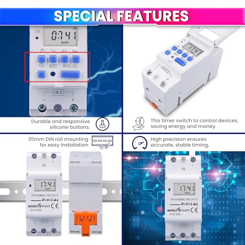 amiciSmart Digital Programmable Timer Switch Relay in-Built 7 Days Schedule, DIN Rail Mounted 30A, DC 12V - Image 4