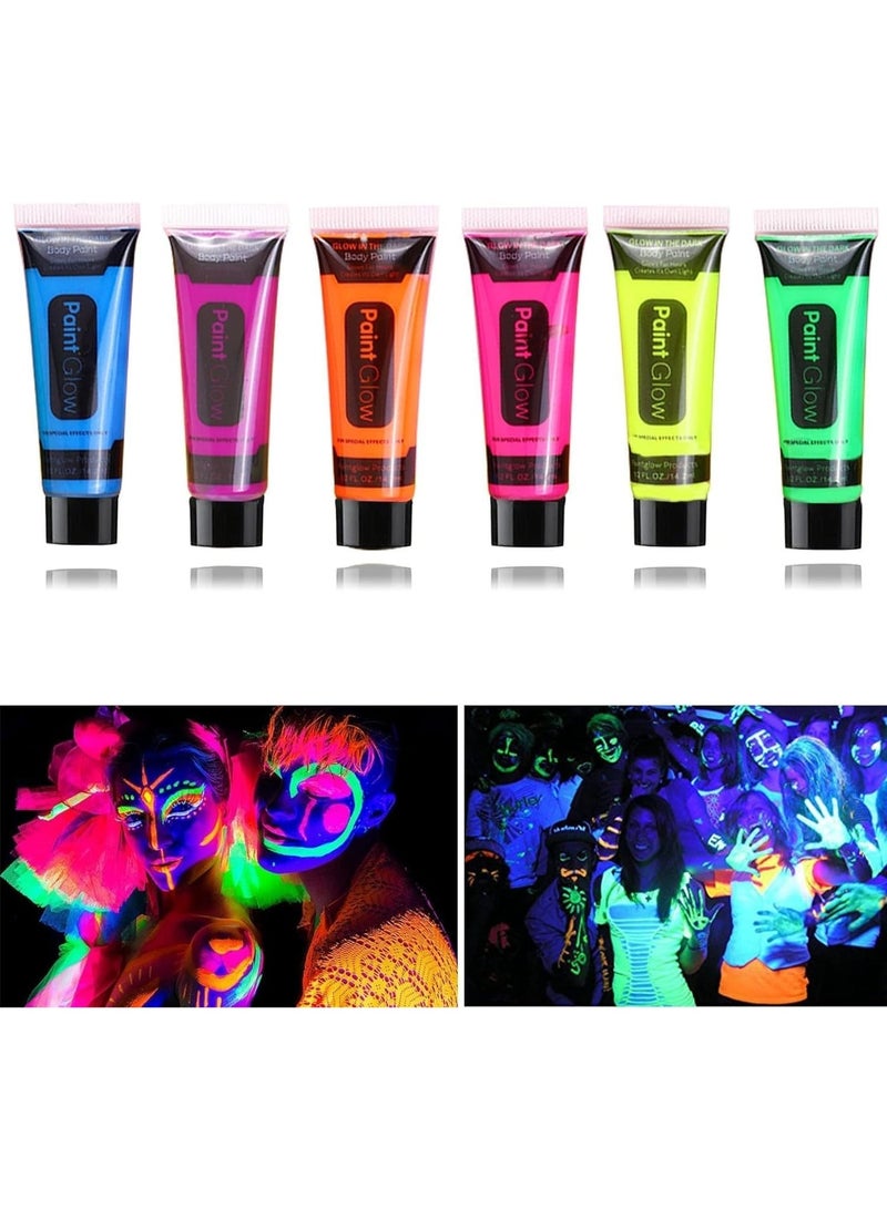 6 Pcs Glow in Dark Face Body Paint, Washable Neon Face Body Paint, Neon Body Makeup Glow in the Dark Party Supplies, Black Light Face Makeup for Party Cosplay Masquerade - Image 1