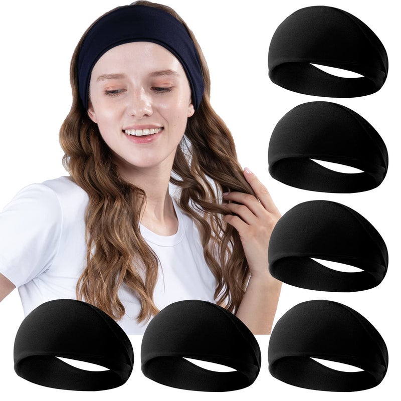 RITOPER Black Workout Yoga Headbands for Women,6 Pack Wide Elastic Thick Headbands for Running Athletic, Non Slip Stretchy Sweat Head Bands Hair Bands (Solid Headband) - Image 1