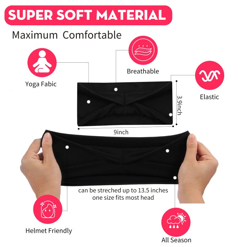 RITOPER Black Workout Yoga Headbands for Women,6 Pack Wide Elastic Thick Headbands for Running Athletic, Non Slip Stretchy Sweat Head Bands Hair Bands (Solid Headband) - Image 3