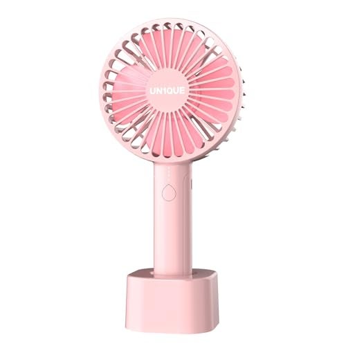 UN1QUE Mini Portable Hand Fan - Powerful Brushless Motor Small Fan, 3-Speeds, USB Rechargeable Fan with Base for Travel, Office, Kitchen for Women and Men (Pink, X3 Pro) - Image 1