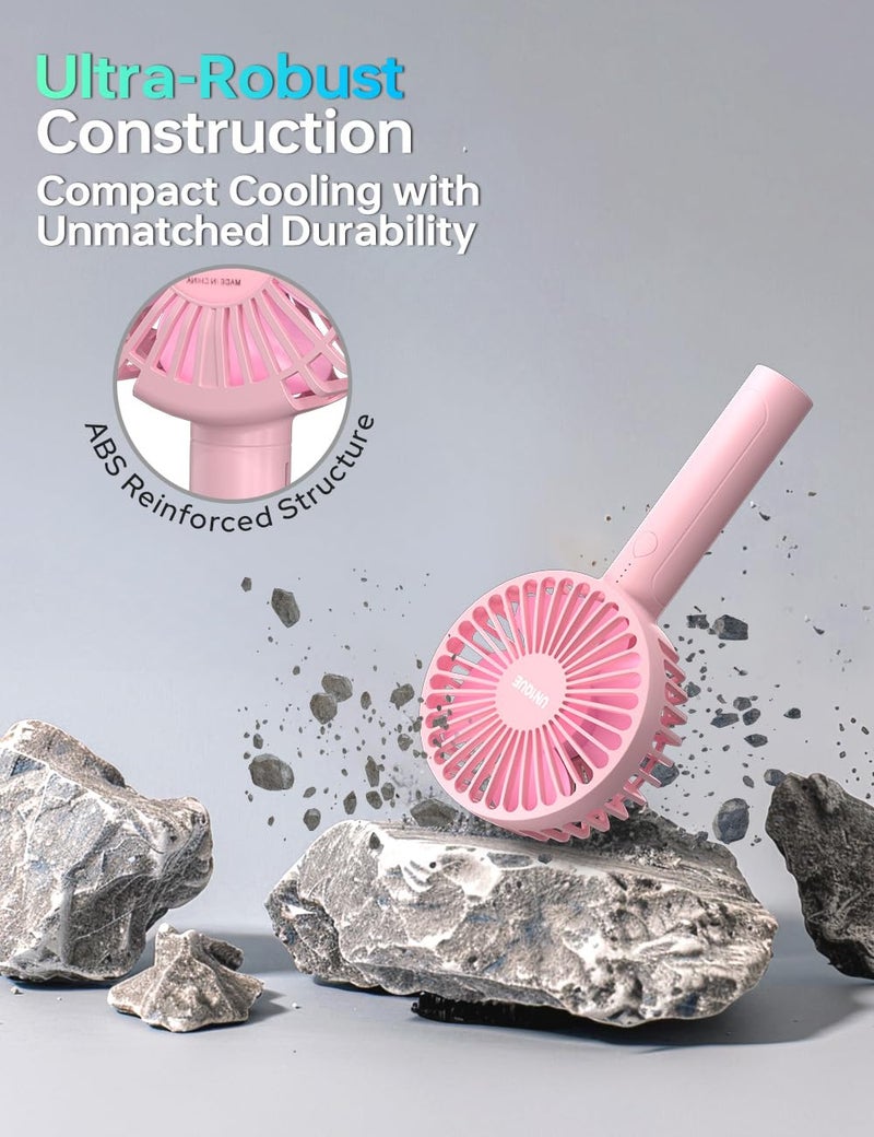 UN1QUE Mini Portable Hand Fan - Powerful Brushless Motor Small Fan, 3-Speeds, USB Rechargeable Fan with Base for Travel, Office, Kitchen for Women and Men (Pink, X3 Pro) - Image 3