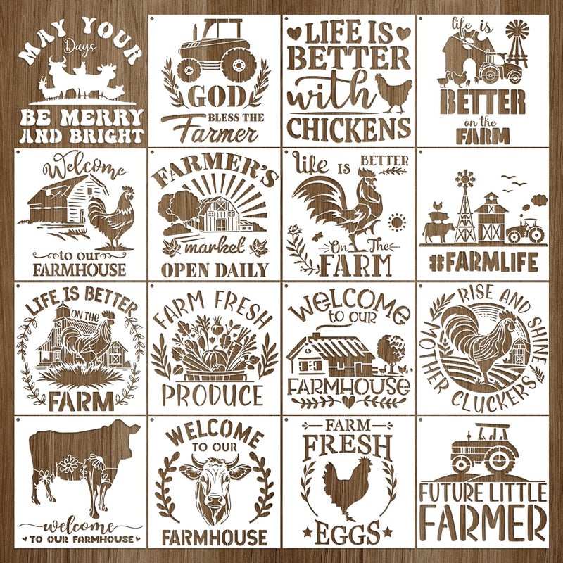 Keluna Farmhouse Stencils for Painting - 16 Pcs Reuasble Farm Animal Cow Chicken Reusable Stencils for Wood Burning Crafts Fabric Farm Sign Home Decor Template - Image 1