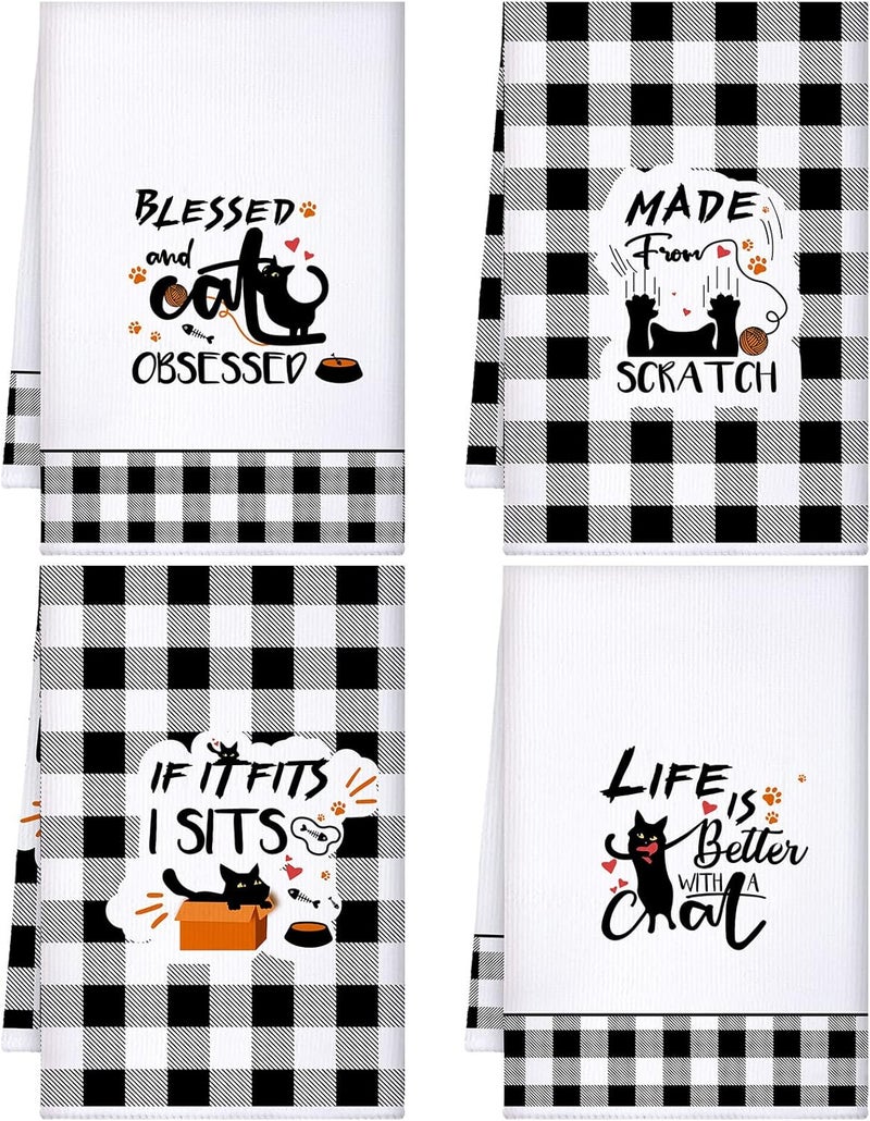 Kajaia 4 Pcs Black Cat Kitchen Hand Towels Funny Dish Towels Decorative Housewarming Gifts for Cat Lovers - Image 1