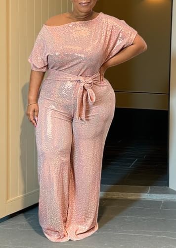 LKOUS Women's Evening Sparkly Jumpsuits Off Shoulder Short Sleeve Party Sequins Rompers High Waisted Wide Leg Pants Suit - Image 5