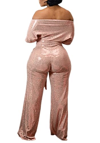 LKOUS Women's Evening Sparkly Jumpsuits Off Shoulder Short Sleeve Party Sequins Rompers High Waisted Wide Leg Pants Suit - Image 4