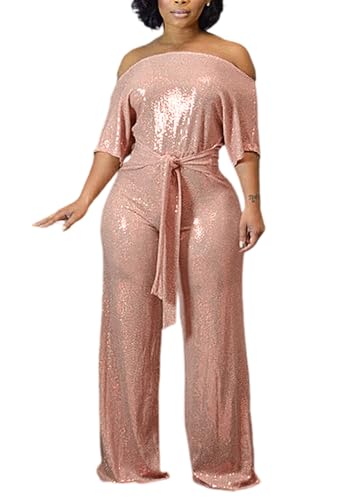 LKOUS Women's Evening Sparkly Jumpsuits Off Shoulder Short Sleeve Party Sequins Rompers High Waisted Wide Leg Pants Suit - Image 2
