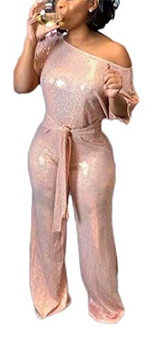 LKOUS Women's Evening Sparkly Jumpsuits Off Shoulder Short Sleeve Party Sequins Rompers High Waisted Wide Leg Pants Suit - Image 1