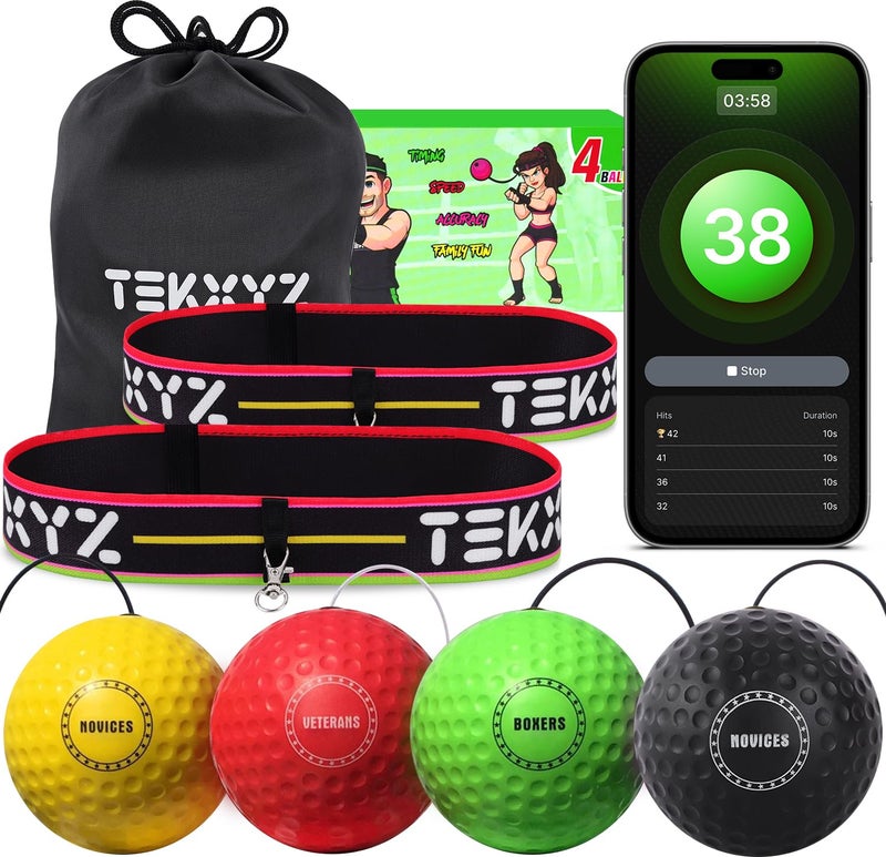 TEKXYZ حزمة عائلة كرة رد الفعل TEKXYZÂ® مع تطبيق العد | مجتمع عبر الإنترنت لكرة الملاكمة، مثالي للتنسيق، واللكم، وتخفيف التوتر، والتمارين المنزلية واللياقة البدنية | هدية مثالية لجميع الأعمار - Image 1