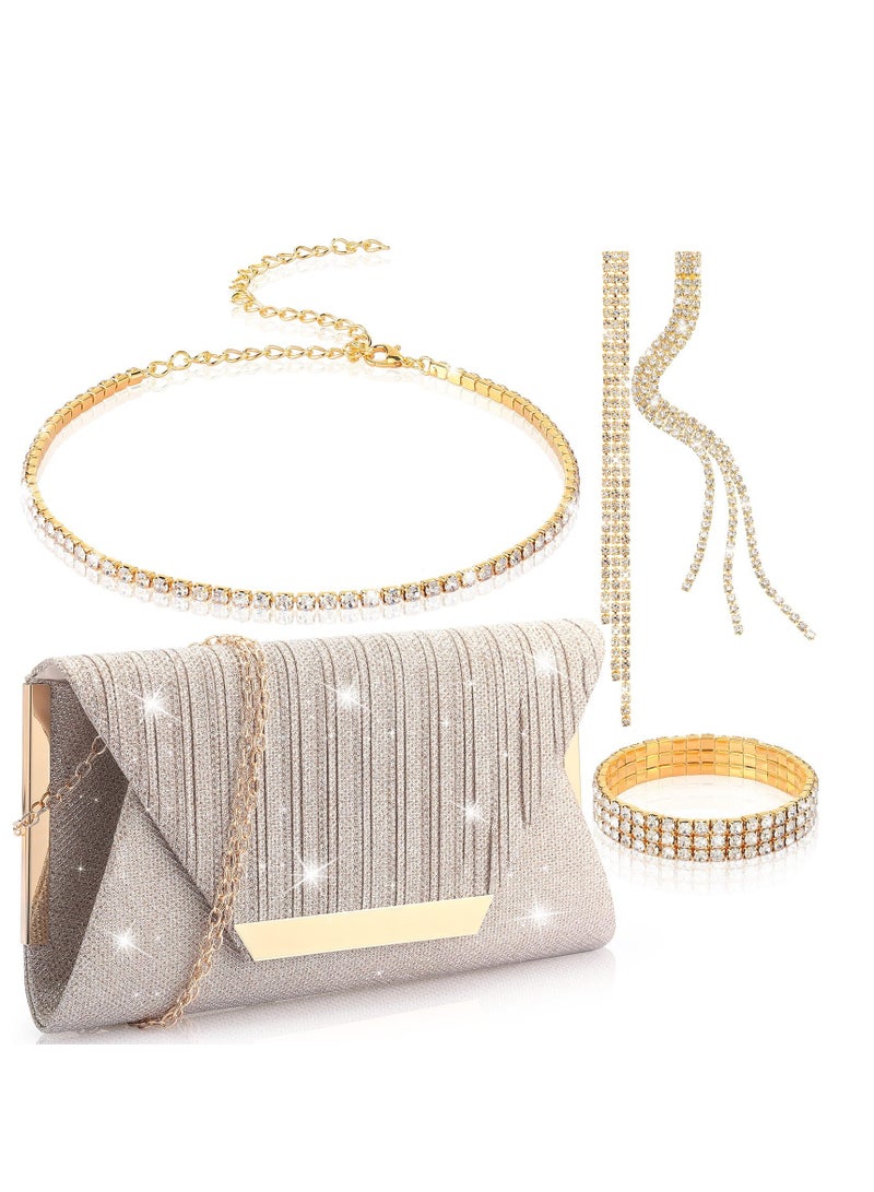 SYOSI 4 Pieces Women Rhinestone Evening Clutch Bag Ear Clip Bridal Wedding Choker Bracelet Dangle Bling Glitter Purse for Party  - Image 1