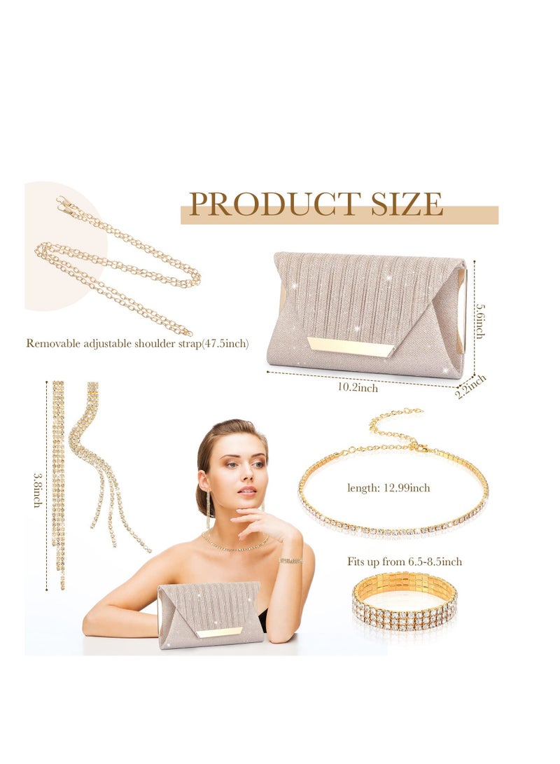 SYOSI 4 Pieces Women Rhinestone Evening Clutch Bag Ear Clip Bridal Wedding Choker Bracelet Dangle Bling Glitter Purse for Party  - Image 2