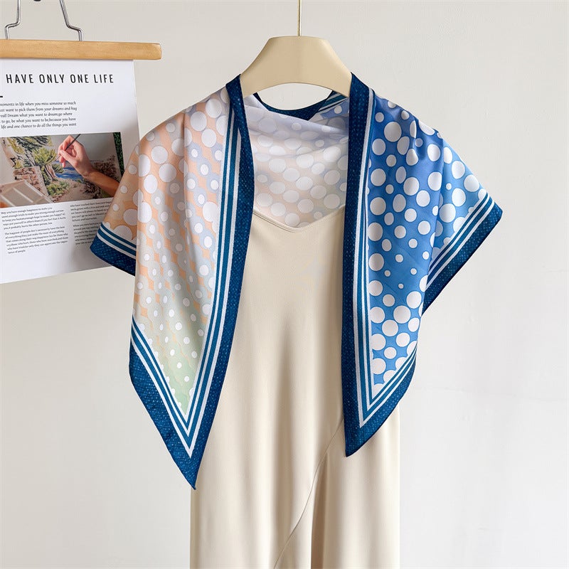 Polka Dot Color-Blocked Imitation Silk Printed Tie-Waist Triangle Scarf, Sun Protection Shawl, Neck Scarf, Women''s Silk Scarf, Neckerchief, Headscarf, Scarf - Image 4