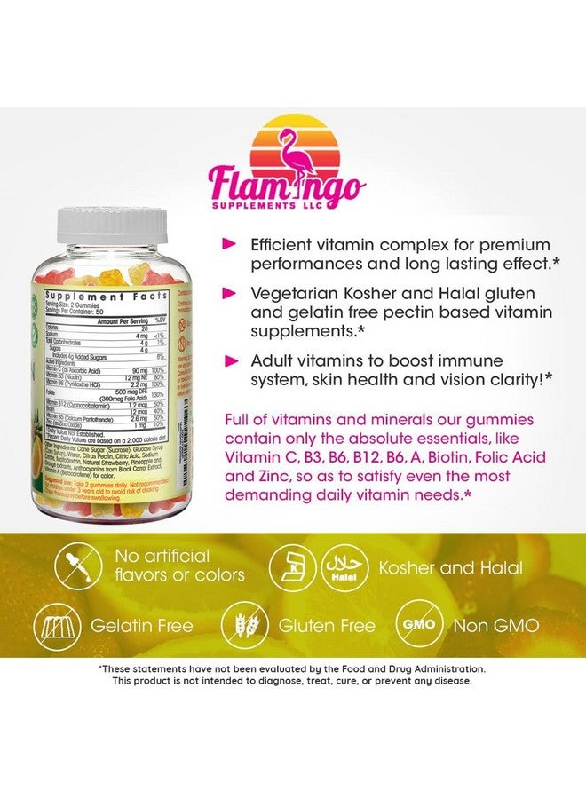 Flamingo Supplements Multivitamin Gummies | Vegan Friendly, Kosher Halal NO Gluten or Gelatin, no GMO| for Men, Women & Kids| 3 Natural Flavors | Vitamins C, B3, B12, Biotin, Zinc & More| 100 Gummies - Image 2