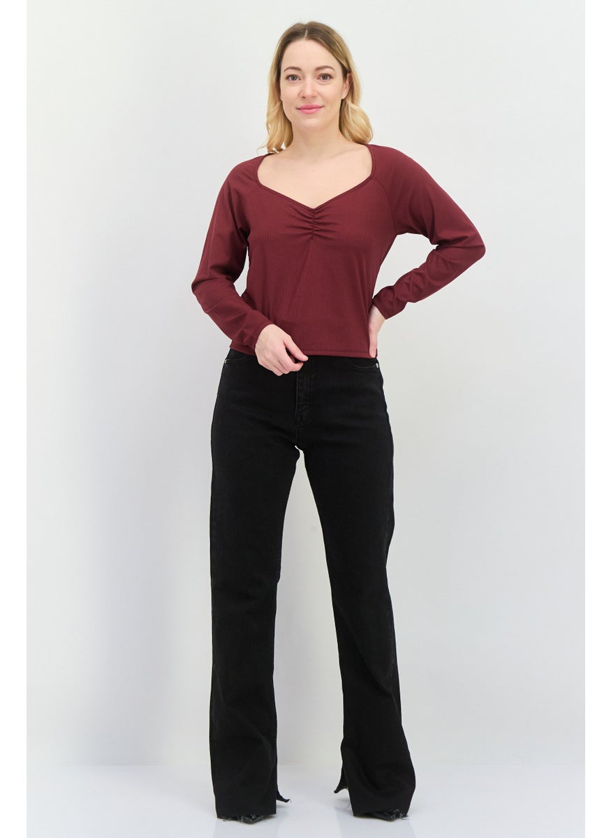 MONKI Women Diamond Neck Textured Long Sleeves Top, Maroon  - Image 4