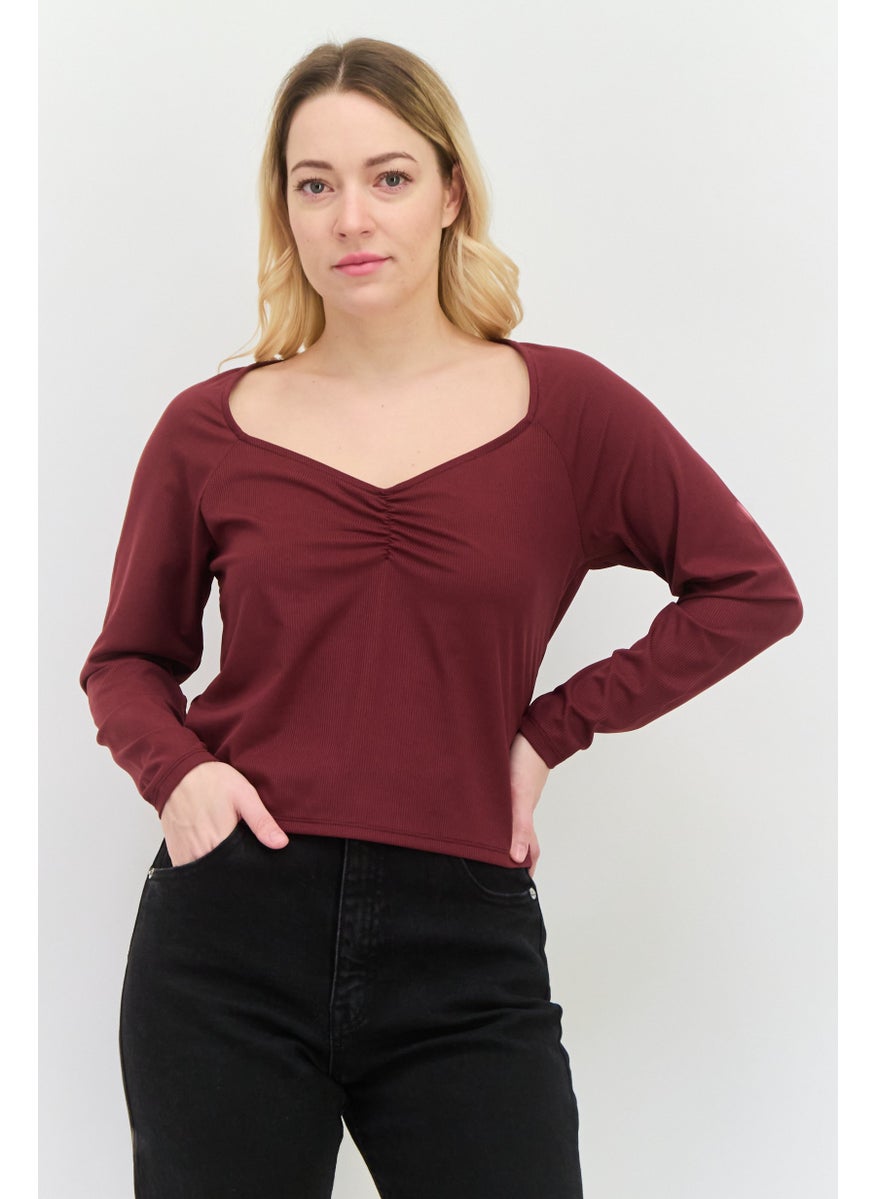 MONKI Women Diamond Neck Textured Long Sleeves Top, Maroon  - Image 1