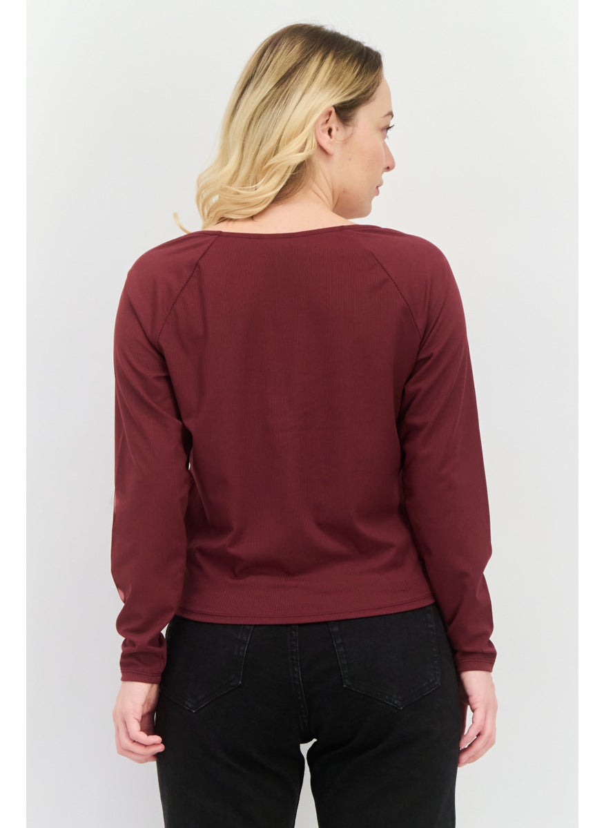 MONKI Women Diamond Neck Textured Long Sleeves Top, Maroon  - Image 3